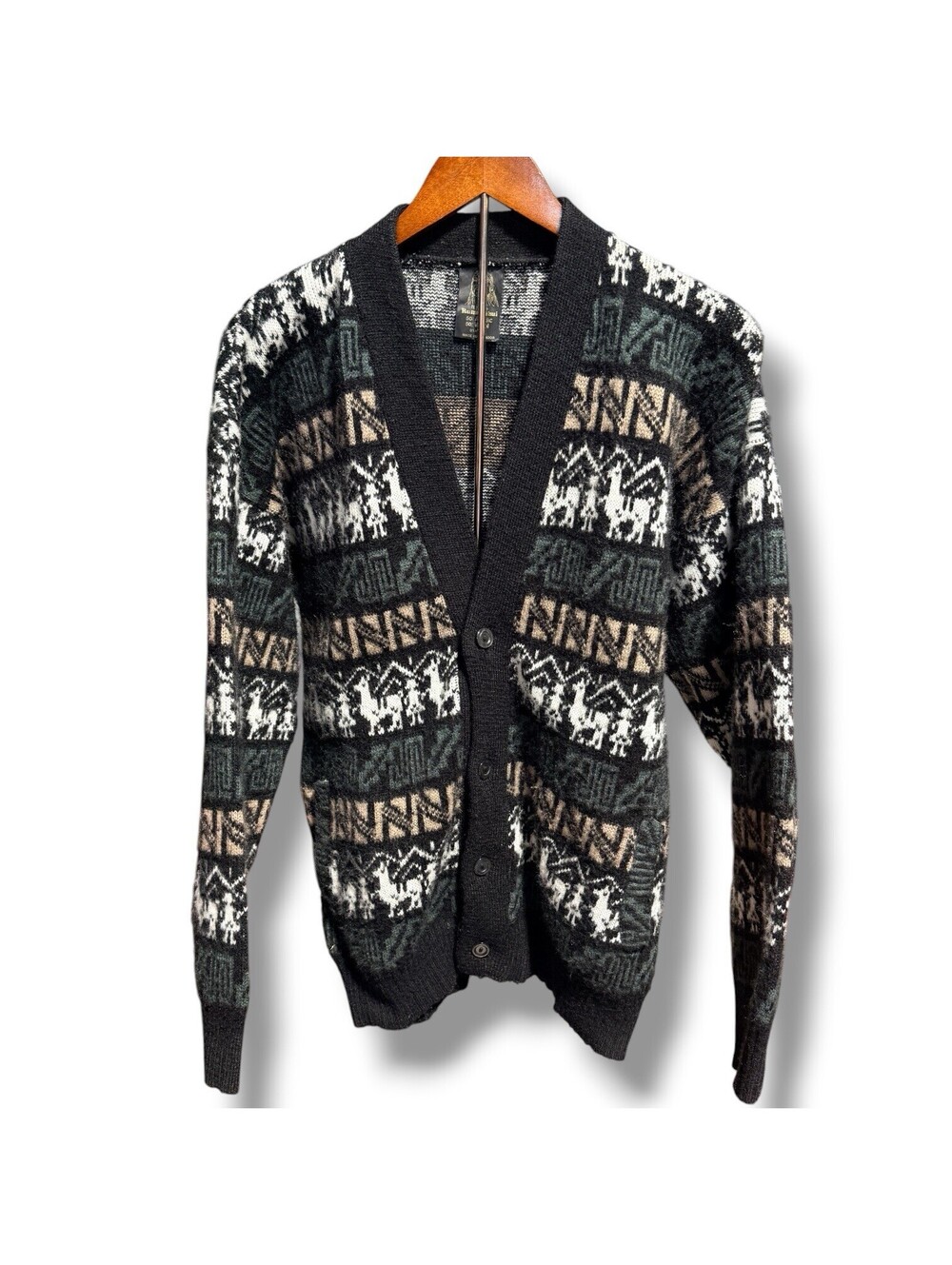 Vintage Tejidos Ruminahui Wool Cardigan XL Llama Ecuador Aztec Sweater Black